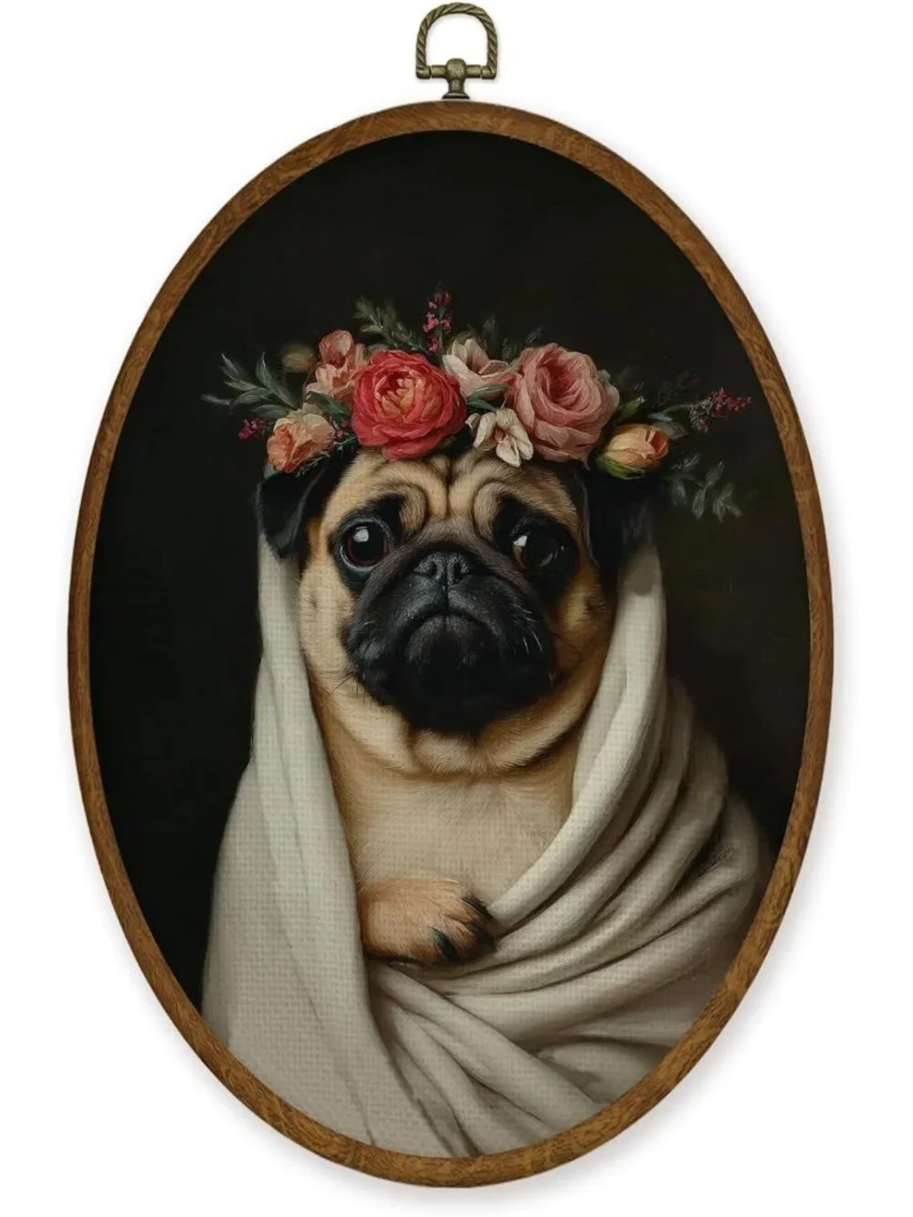 Funny Pug Floral Wall Art Decor | Oval Framed Canvas Print for Dog Lovers